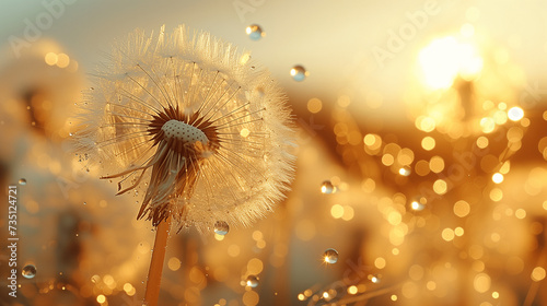 Dandelion Seed Head Glistening with Morning Dew at Sunrise