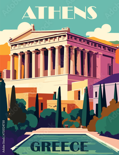 Athens, Greece Travel Destination Poster in retro style. Landscape with acropolis print. Europe summer vacation, tourism, holidays concept. Vintage vector colorful illustration. photo