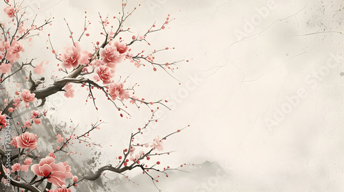 Chinese traditional landscpae with old paper texture featuring plum blossom photo