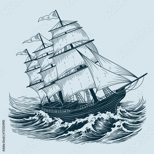 An old sailing ship on the sea waves. Vector drawing isolated on blue background.