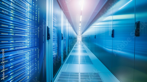 A modern data center showcases a long hallway illuminated by futuristic blue lights.