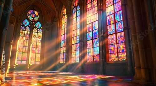 stained glass window in church, an intricate stained glass window casting colorful patterns of light onto the interior of a historic cathedral or church photo