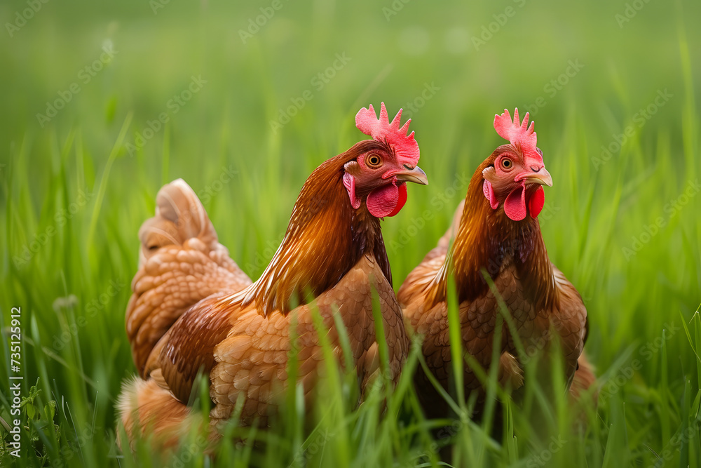 Free range chickens on grass at farm.