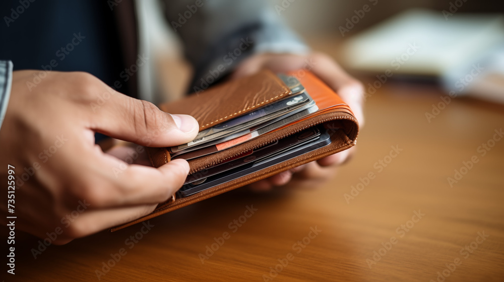 A person's hands are shown opening a tan wallet full of various cards and a smartphone, atop a wooden surface.