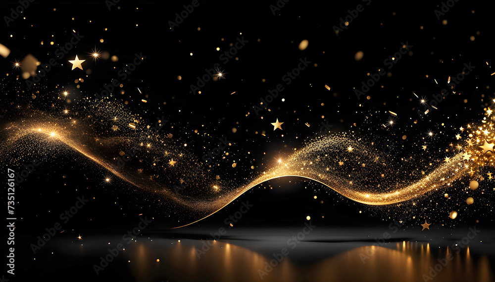 Luxurious golden shiny particles on a dark background with tints and gradients for the design of New Year and Christmas greetings, Luxurious background with an element of gold line and waves, Abstract - obrazy, fototapety, plakaty 