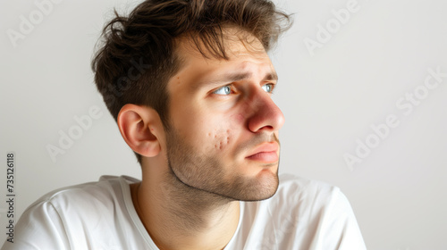 Thoughtful Young Man with Blue Eyes and Acne Scars
