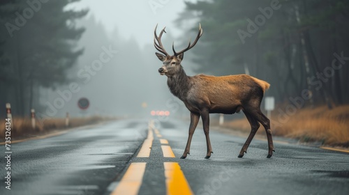 Majestic Deer Crossing a Misty Forest Road photo