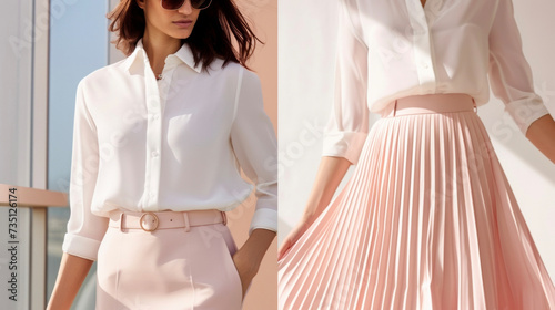 A classic white buttondown blouse paired with a light pink pleated midi skirt gives a sophisticated yet feminine vibe.