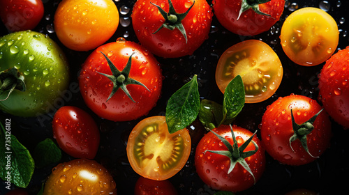 Different varieties of fresh juicy organic tomatoes. Vegetable background. Healthy eating concept. Generative AI