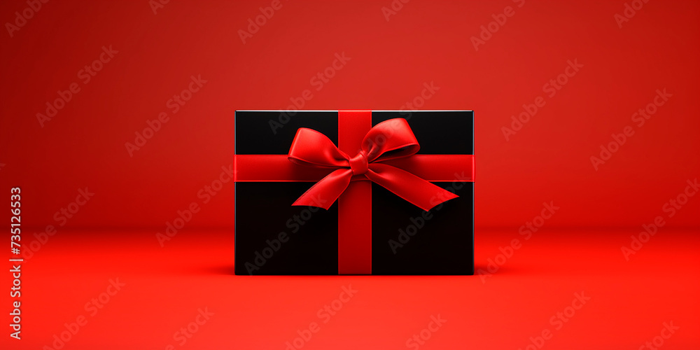 Flat lay. Black gift box on a red background. Logo or name mockup. Black Friday theme.