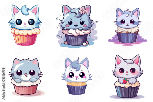 set of funny cartoon cats muffin cupcake  vector illustration isolated transparent background logo, cut out or cutout t-shirt design
