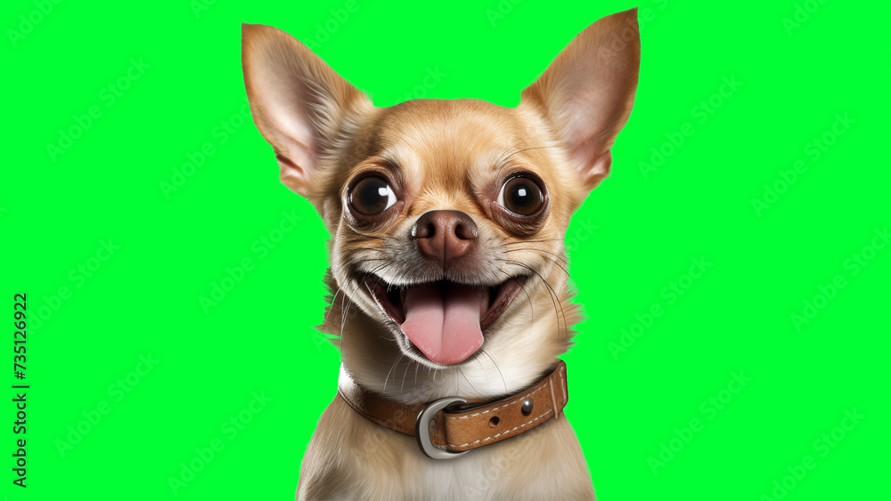 Portrait photo of smiling Chihuahua on green background