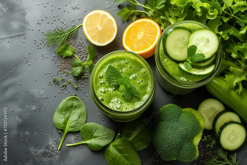 Fresh green smoothie in a jar with ingredients on a grey background Fresh green smoothie in a jar with ingredients on a grey background