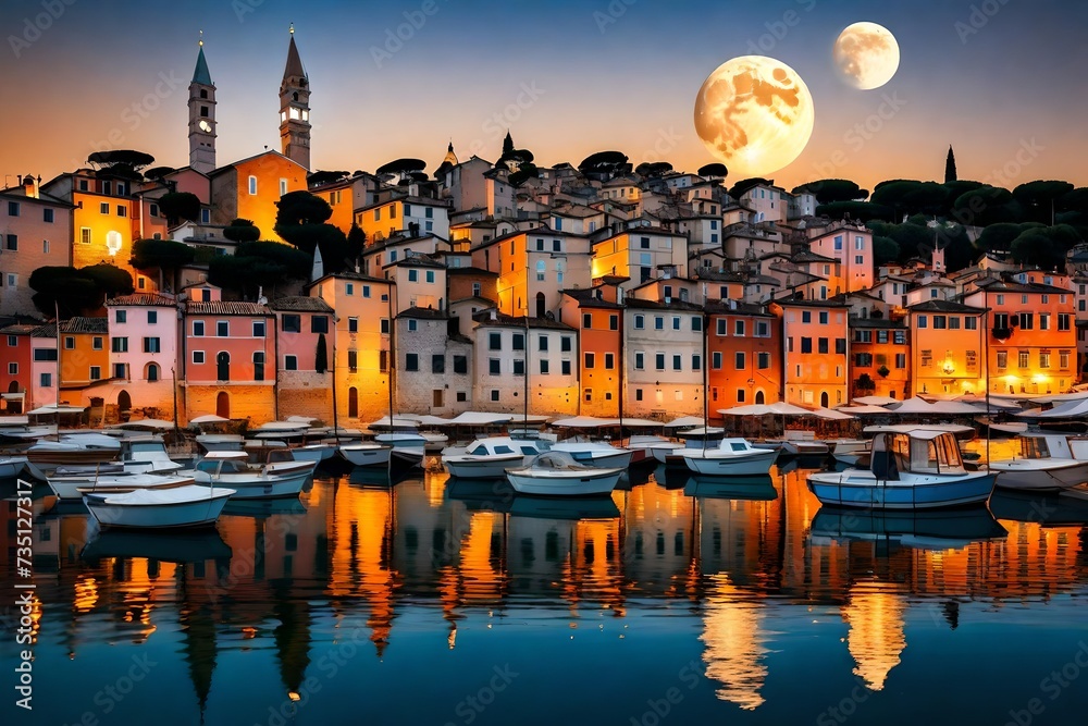 Beautiful romantic old town of Rovinj after magical sunset and moon on the sky
