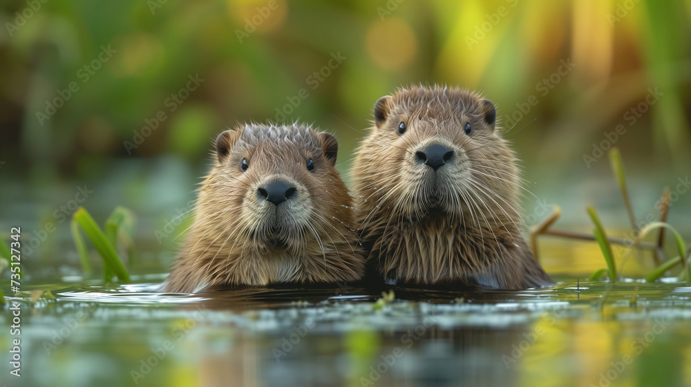 A curious baby beaver emerges from the water, sits on its haunches and looks at the world around it. A adult beaver and two kits on a riverbank. big beaver in a river outlet gnawing on a branch.