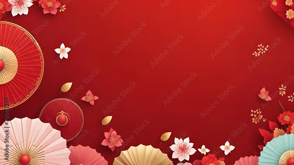 Chinese New Year Decorations with Gold Frame and Floral Design Vector Illustration