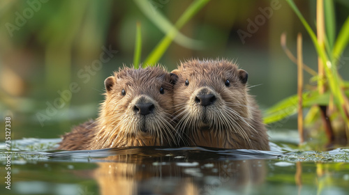 A curious baby beaver emerges from the water, sits on its haunches and looks at the world around it. A adult beaver and two kits on a riverbank. big beaver in a river outlet gnawing on a branch. photo