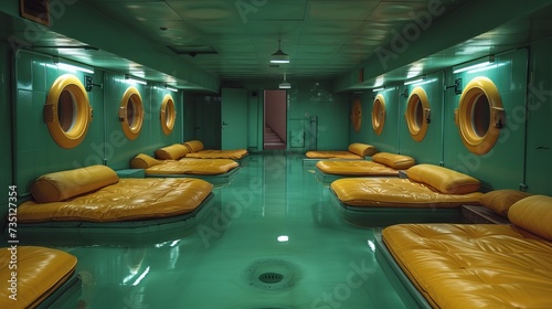 retro interior of a spa center with rows of couches for relaxation and round portholes, creating an atmosphere of relaxation. photo