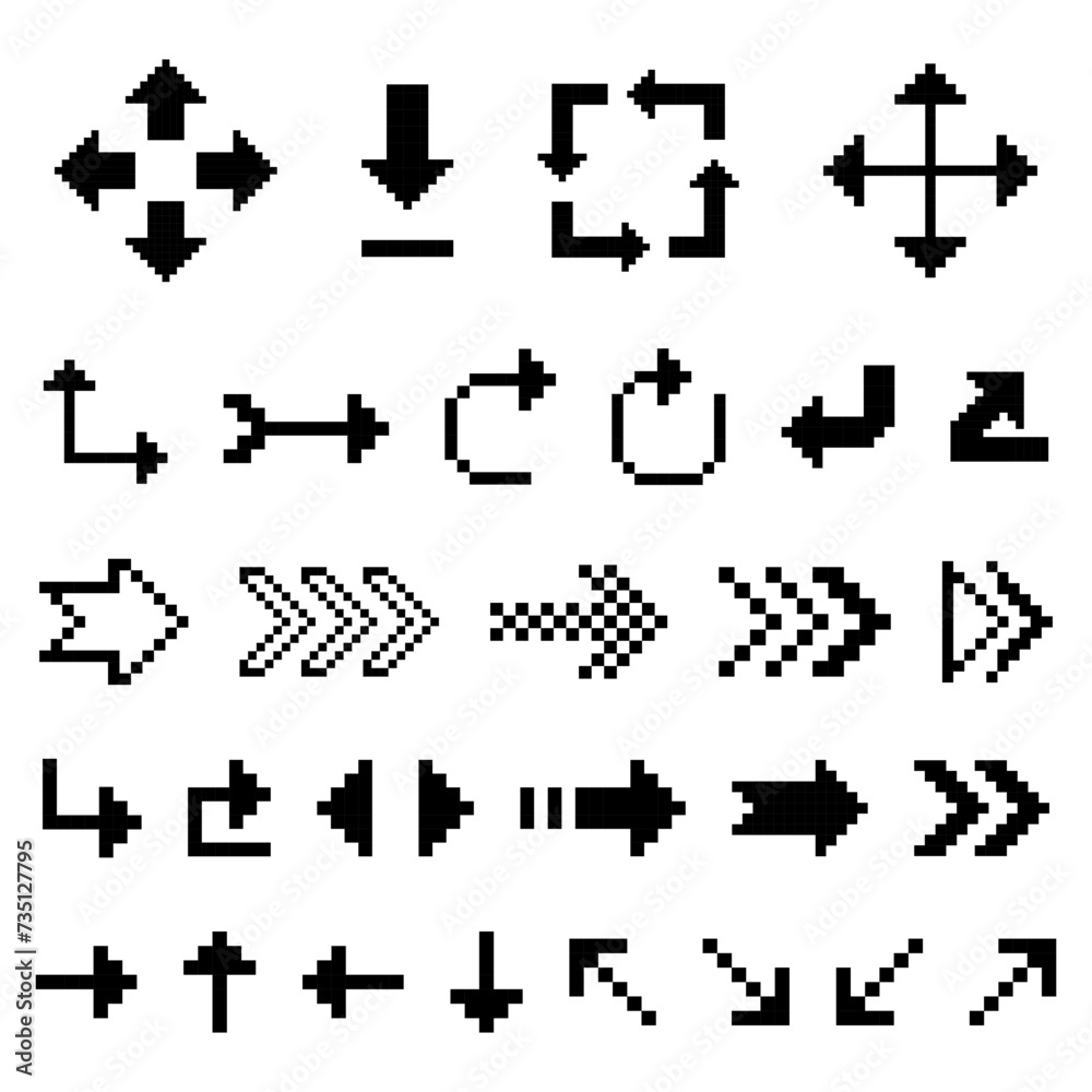 Set of black arrow directions pixel art 8 bit style Set of black arrow directions pixel art 8 bit style