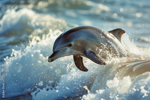 A dolphin showcases its dynamic dance amidst the rolling ocean waves