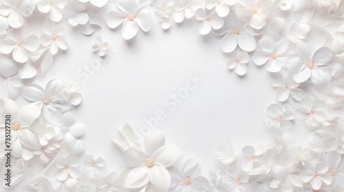 Beautiful delicate flowers on a white background. Abstract layout of a colored frame with space for text. A romantic feminine composition.The concept of International Women s Day  Mother s Day.