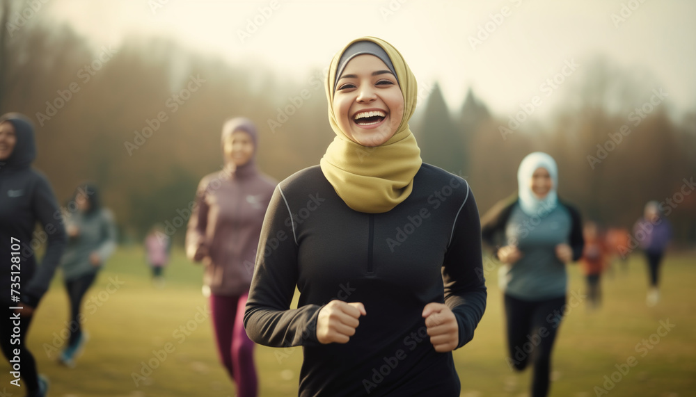 Fototapeta premium A happy muslim woman wearing a hijab and sportswear is doing sports with other people in a park
