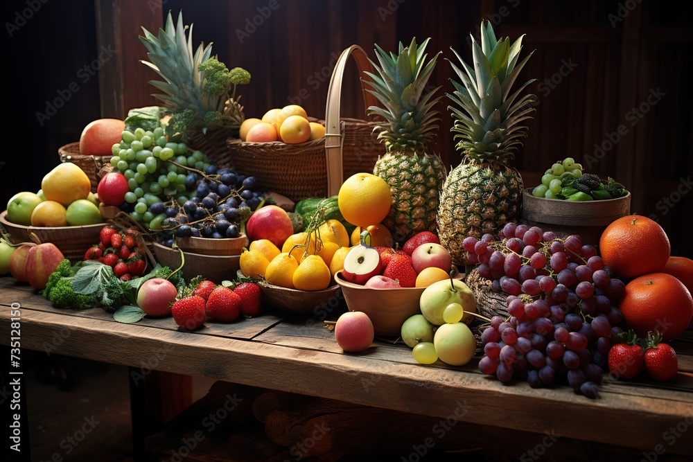 close up of fresh fruit, pineapple, grapes, oranges, apples, strawberries and so on on a brown wooden table