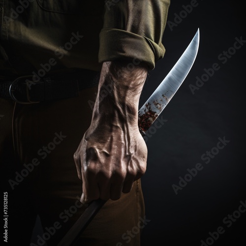 A bloodied hand gruesomely covered the middle knife. This image is a symbol of danger and violence. It can be a violent demand or protest. Or even a picture that shows the brutality of death. © peerapong