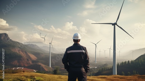 Engineer holding a tablet Closely inspecting wind generator.The hand may be tool to help monitor control the operation the turbine.close view allows engineers inspect details accurately and accurately