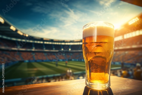 a glass of beer on a table in front of a football stadium
