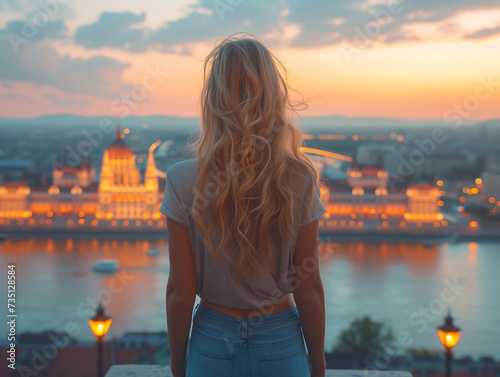 Woman admiring Budapest parliament from top of hill at sunset