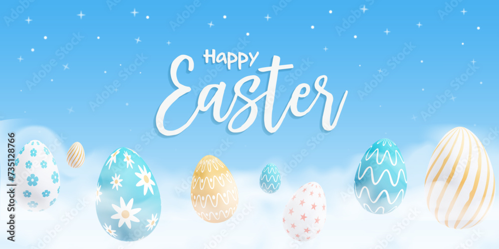 Vector realistic illustration of Happy Easter Egg greeting in a sky full of clouds for Easter day Vector realistic illustration of Happy Easter Egg greeting in a sky full of clouds for Easter day