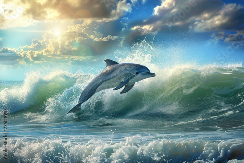 A dolphin gracefully glides through the sparkling ocean waves