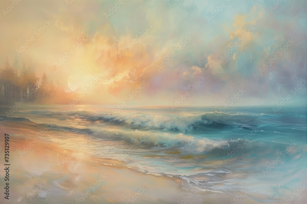 Seascape painting with gentle ocean waves lapping on a shore 