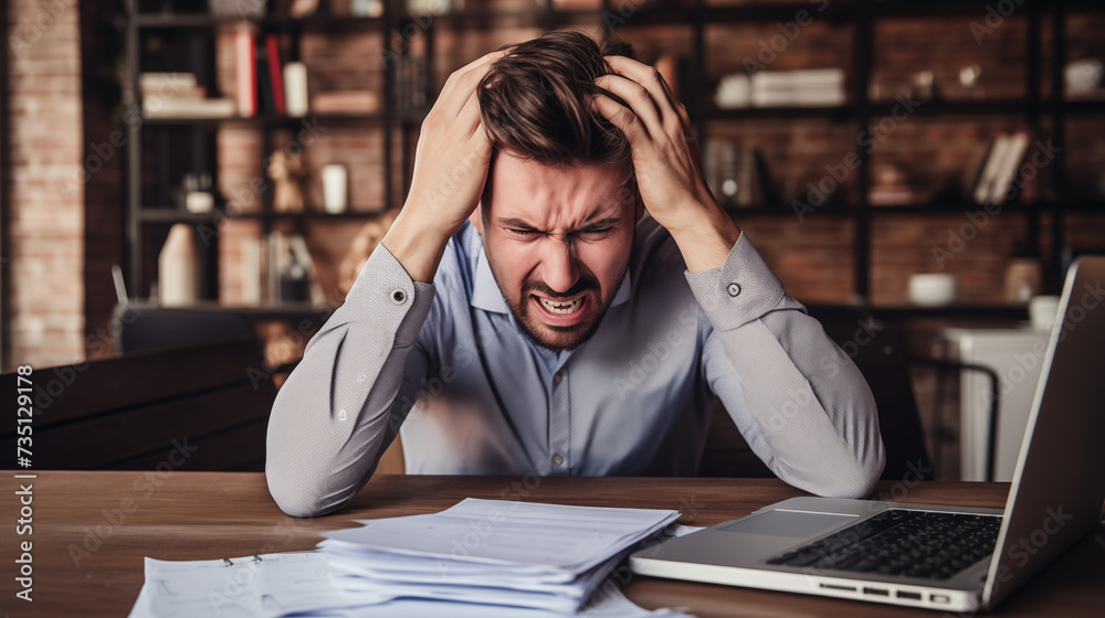 The image shows a man in distress, clutching his head in frustration or overwhelm, possibly due to work, sitting at a desk with papers and a laptop. The image shows a man in distress, clutching his head in frustration or overwhelm, possibly due to work, sitting at a desk with papers and a laptop.