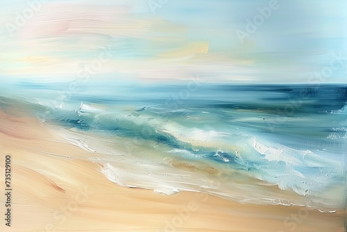Seascape painting with gentle ocean waves lapping on a shore 