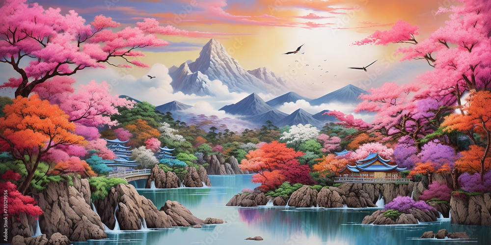 Cherry blossoms and misty forest on the mountain There are Japanese ...