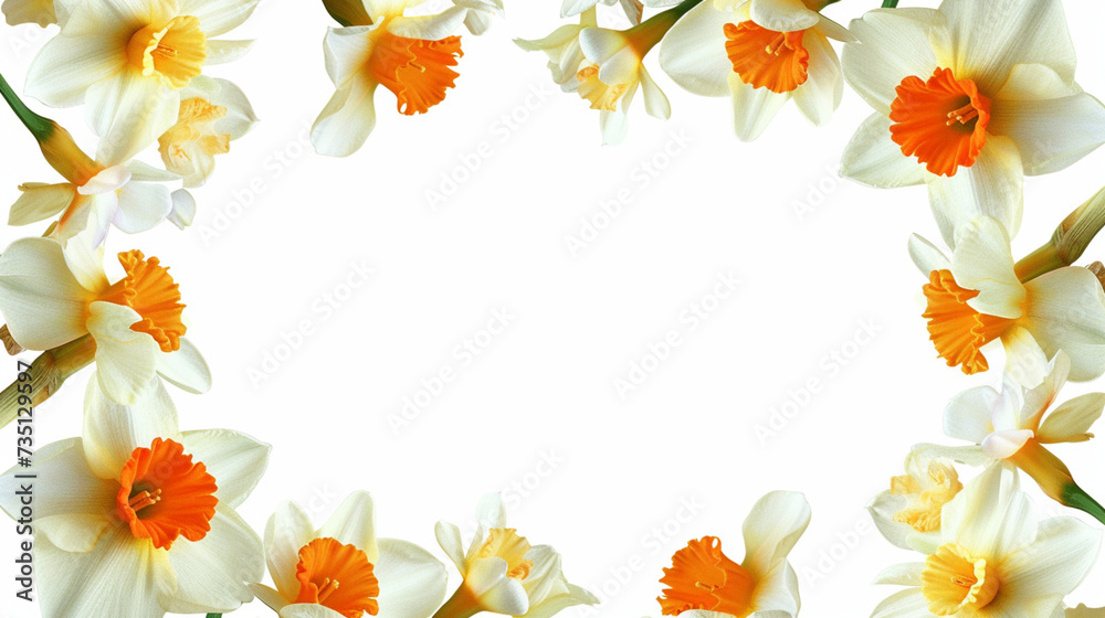 Enchanted Floral Atmosphere: Narcissus Flowers as a Clipart Frame on a White Background, Adding a Touch of Magic to Creative Projects, with Plenty of Space for Custom Text.
