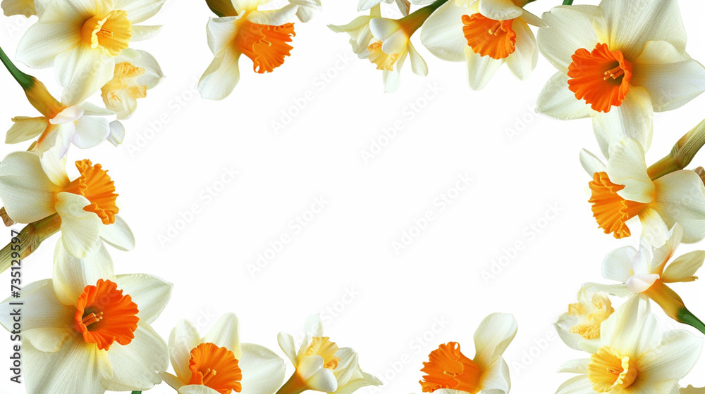 Enchanted Floral Atmosphere: Narcissus Flowers as a Clipart Frame on a White Background, Adding a Touch of Magic to Creative Projects, with Plenty of Space for Custom Text. Enchanted Floral Atmosphere: Narcissus Flowers as a Clipart Frame on a White Background, Adding a Touch of Magic to Creative Projects, with Plenty of Space for Custom Text.