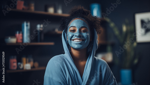 A happy black woman chilling at home with a blue cleansing mask on her face as a skincare routine