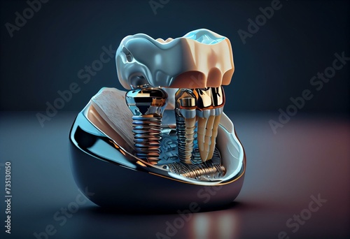 Concept for dental prosthesis. demonstrating the placement of a dental implant on a close up model of teeth's anatomy. Generative AI