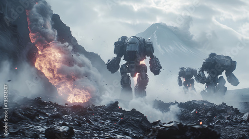 giant robot mechas running into a vulcanic landscape  