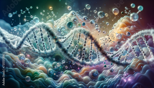 Biochemical DNA structure with surreal elements in fluid, pastel environment. © Kylan