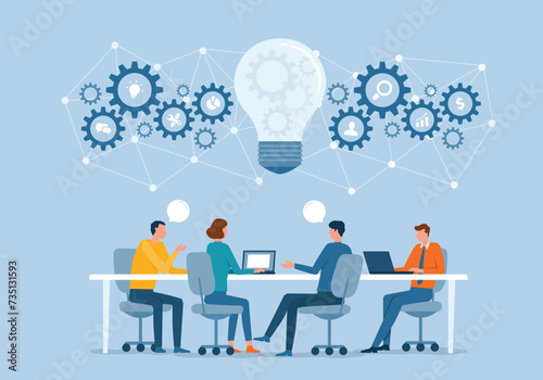 business people team working meeting and brainstorming concepts. creative team thinking ideas together for business process planning. flat vector illustration cartoon design for web banner. 
 photo