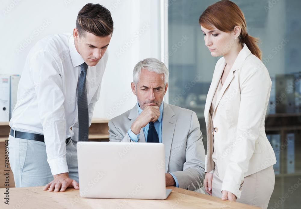 Obraz premium Business people, laptop and thinking for review in boardroom, communication and meeting in office. Senior manager, team and tech for assistance in training, mentor and contemplation for feedback