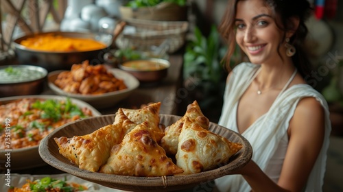 Young arabian woman holding a plate of delicious samosas in a restaurant