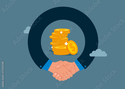 Success businessmen finish deal. Handshake and Agreement. Business, Company, Funds, gold. Financial investments. Flat vector illustration.