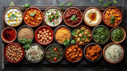 Assorted Indian food in bowl or plate includes Chicken Tikka Masala, Dal Makhana, Palak Paneer, Chickpea, Dry Fruits, Vegetables, Herbs and spices. Top view photo