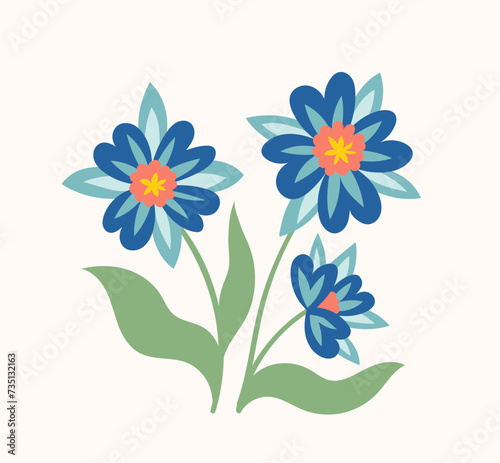 Bouquet with spring flower concept. Blue flowers with leaves. Wild life and flora. Botany and floristry. Graphic element for website. Cartoon flat vector illustration isolated on white background