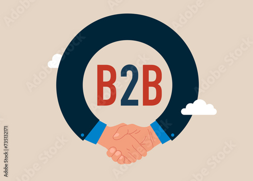 Success businessmen finish deal and handshake to agree business deal on alphabet B2B. B2B business to business marketing. Flat vector illustration